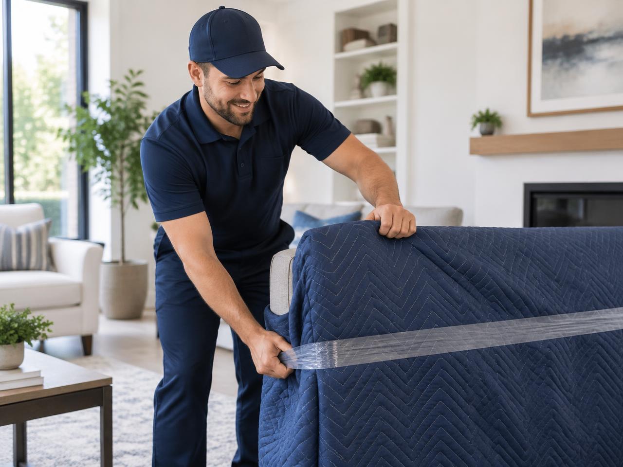 Mover carefully wrapping furniture